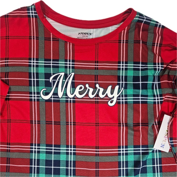 Joyspun Shirt Womens Medium Red Green Plaid Merry Long Sleeve Christmas Lounge - Picture 3 of 5